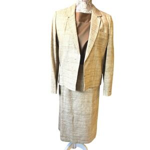 Vintage Mad Men Style Classic Tan Tweed Suit Jacket and Skirt Set Two Piece